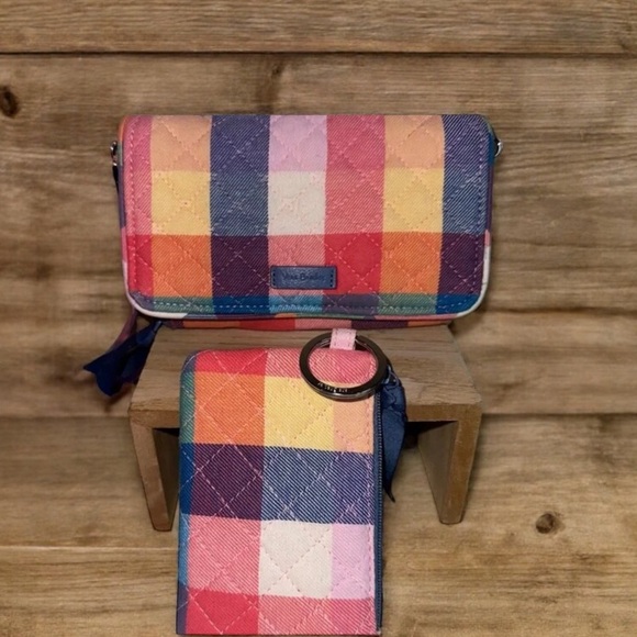 Vera Bradley All in One Crossbody Tropics Plaid Wallet and ID Badge Coin Purse - Picture 4 of 9